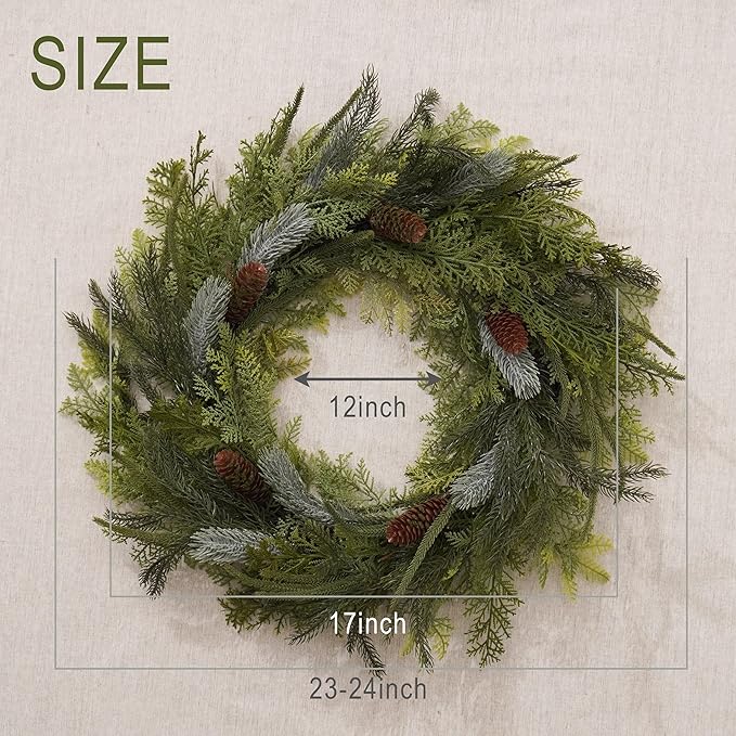Decorbyhannah Christmas Wreath, 24 inch Prelit Real Touch Norfolk Pine Christmas Wreath for Front Door, Artificial Cypress Christmas Wreath with Lights