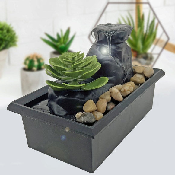 Battery-Operated LED Succulent Tabletop Fountain with Cobblestones