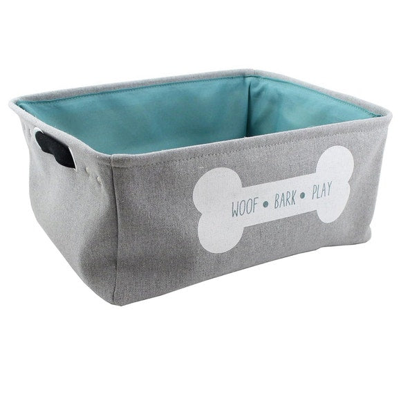 17"x13" Grey with Teal Inside Linen Rectangular Pet Storage Bin with Woof Bark Play