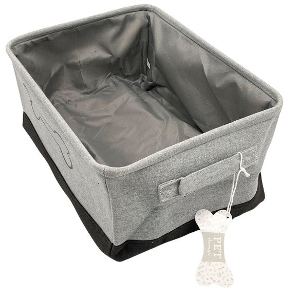 Grey and Black Two Tone Rectangular Pet Storage Bin with White Bone Embroidery