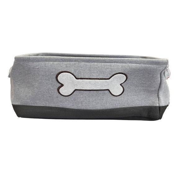 Grey and Black Two Tone Rectangular Pet Storage Bin with White Bone Embroidery