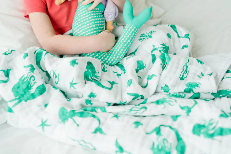 (Mermaid Print) - 100% Organic Muslin Everything Blanket by ADDISON BELLE -47' x 47"