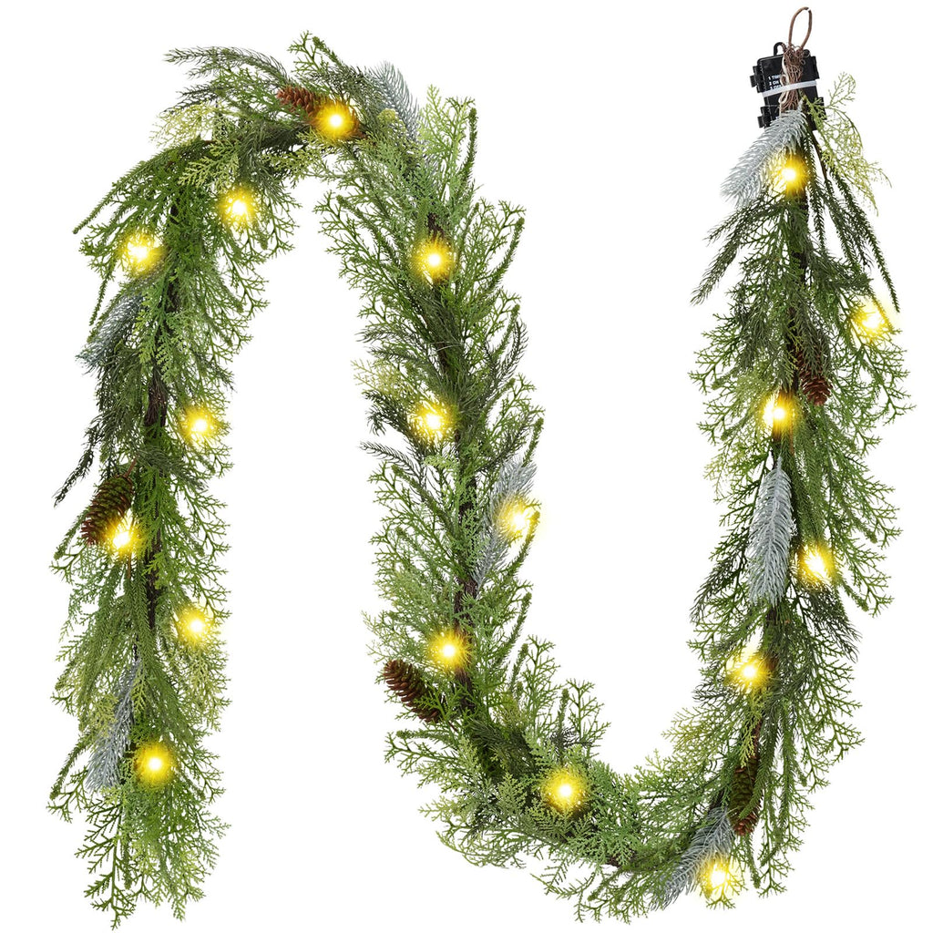Decorbyhannah Christmas Garland with Lights, Prelit 9ft Lighted Norfolk Pine Garland, Battery Operated Greenery Garland Christmas Decorations for Mantle and Stairs, Home Decor Indoor Outdoor