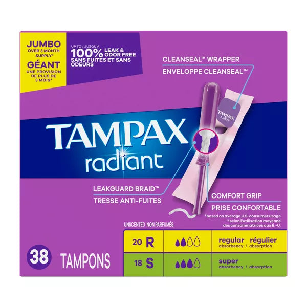 Radiant Duopack Regular/Super Absorbency Unscented Plastic Tampons-38 count-20 Regular-18 Super