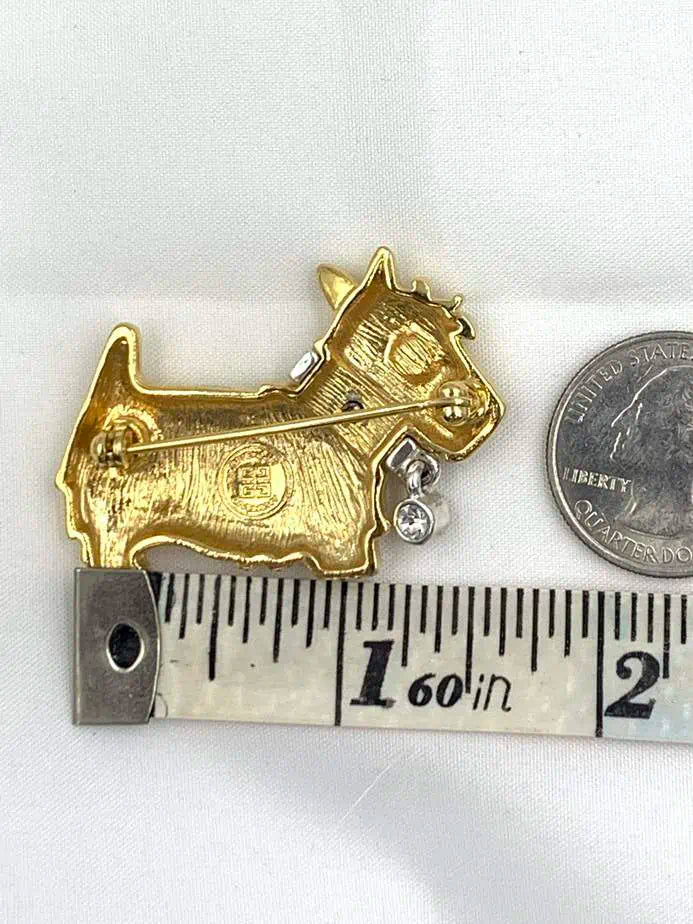 Givenchy Gold Scottish Terrier Brooch with Dangling Crystal