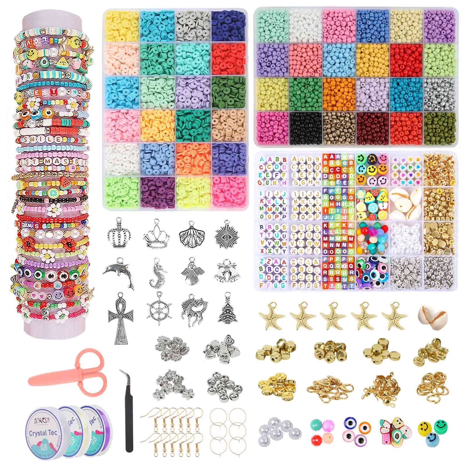 Bracelet Making Kit - 10800+Pcs Polymer Clay&Glass Seed Beads and Letter&Bracelet Beads for Friendship Jewelry Making for Teen Girl Gifts