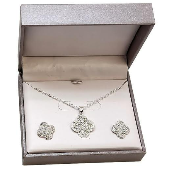 Silver Clover Shaped Necklace and Earring Set