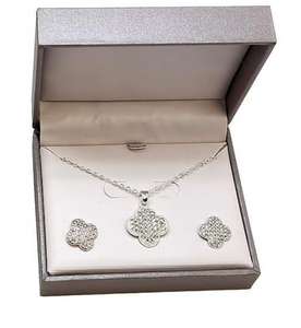 Silver Clover Shaped Necklace and Earring Set