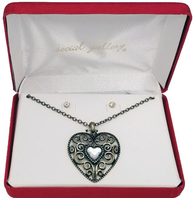 HEART NECKLACE & EARRING SET IN RED GIFT BOX