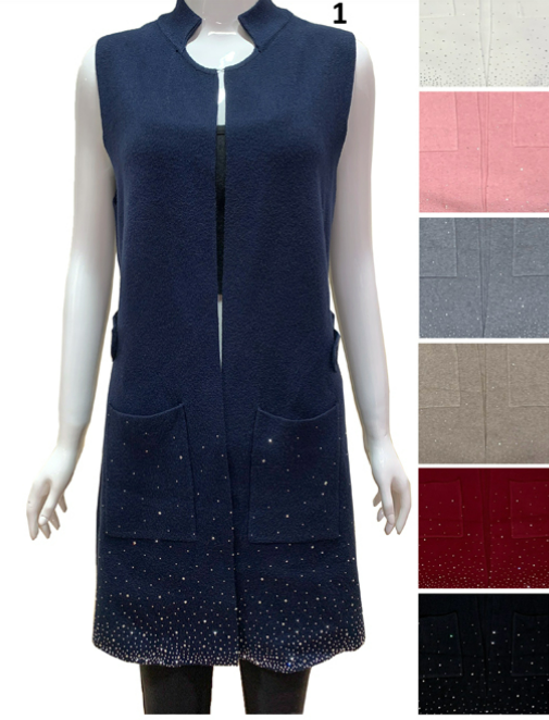 Cashmere Feel Knitwear Vest Cardigan With Rhinestones- Various Colors