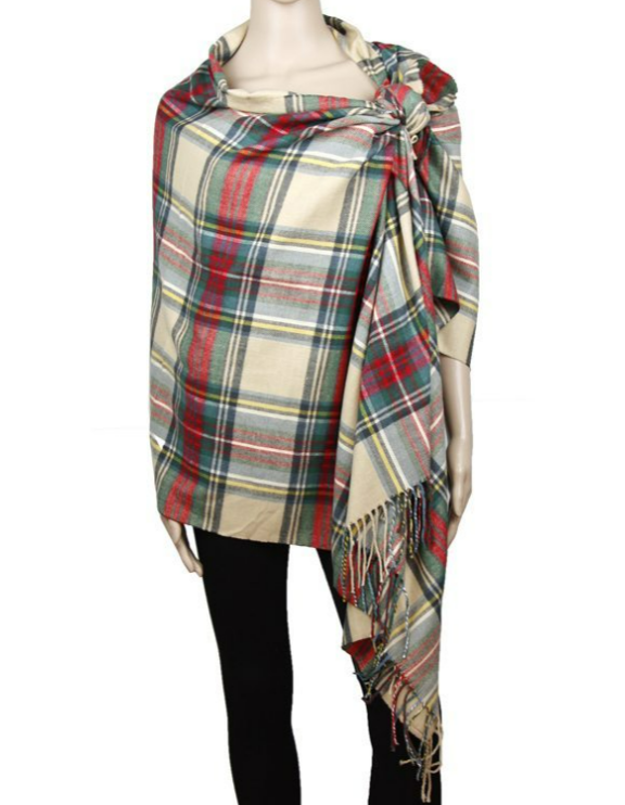 Plaid Cashmere Feel Blanket/Scarf/Shawl-Green/Red/Tan