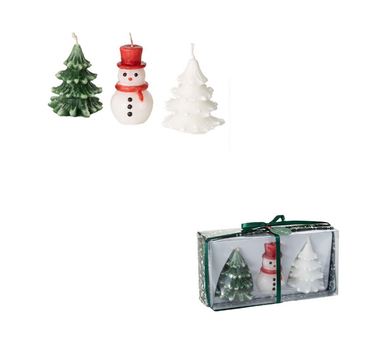 Vance Kitira Holiday Candle Trio – Green Tree, White Tree & Snowman