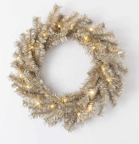 Sullivan Lighted Tinsel Holiday Wreath – Warm White LED-22"