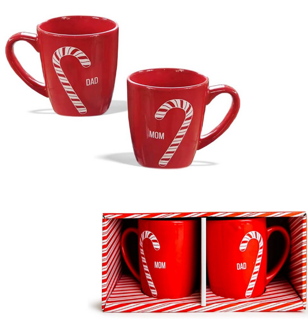 Set of 2 Festive Candy Cane Stoneware Mugs – Mom & Dad, 15 oz