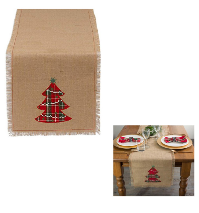 DII Holiday Red Christmas Tree Embroidered Jute Table Runner, 14x72"