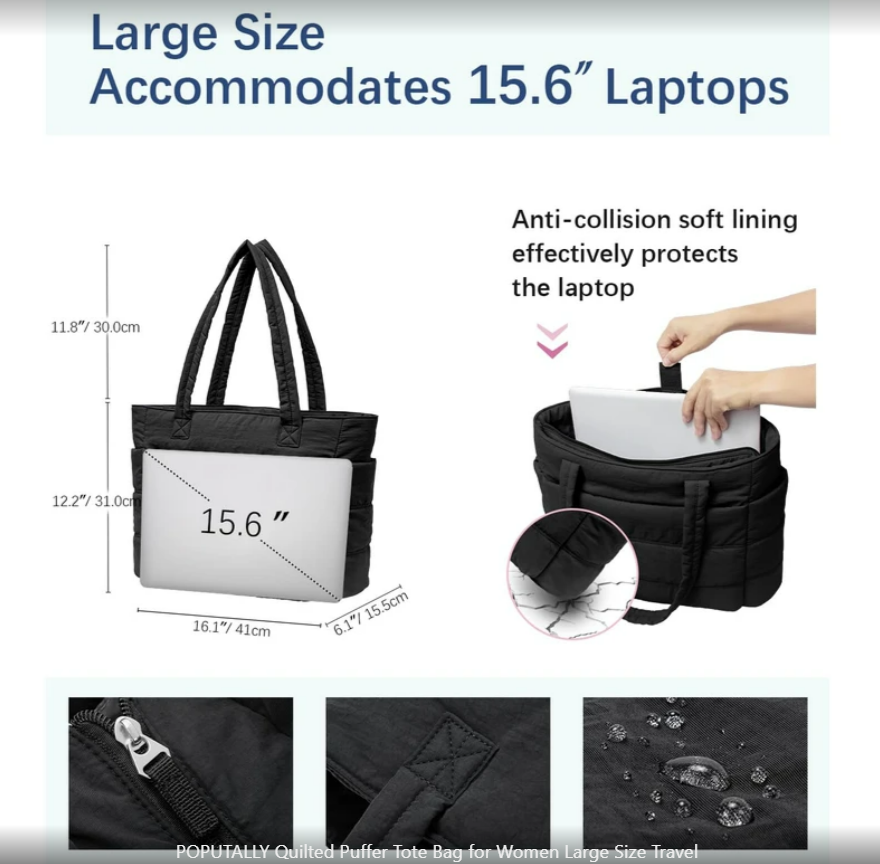 Quilted Puffer Tote Bag for Women Large Size Travel Tote Bags for Work with Zipper Shoulder Bag with Compartments(Black)