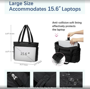 Quilted Puffer Tote Bag for Women Large Size Travel Tote Bags for Work with Zipper Shoulder Bag with Compartments(Black)