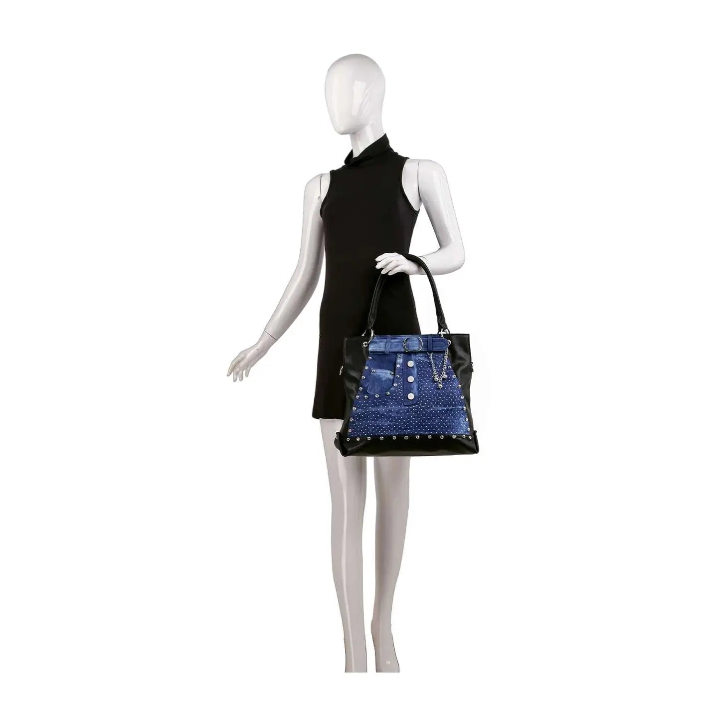 Belted Jean Design Tote Handbag-Blue Black