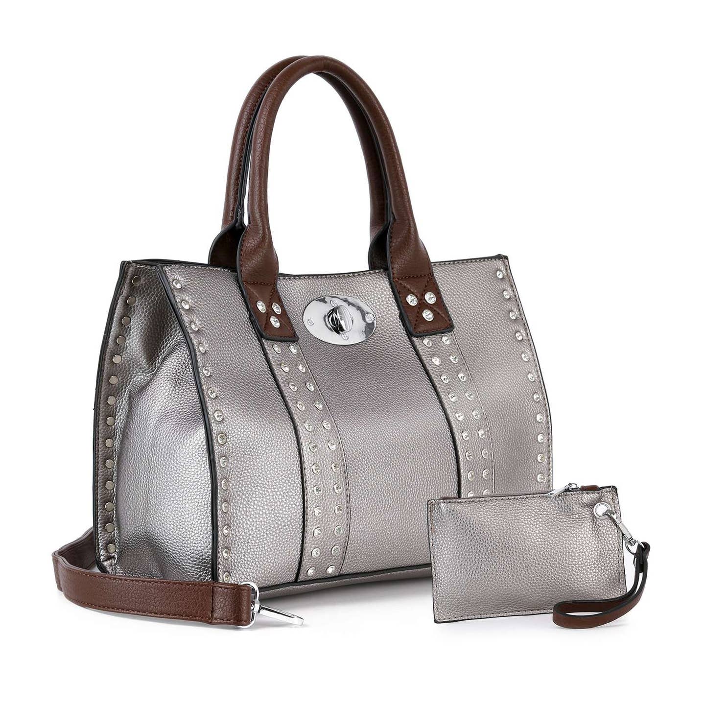Accessorized Twist-Lock Handbag-Pewter