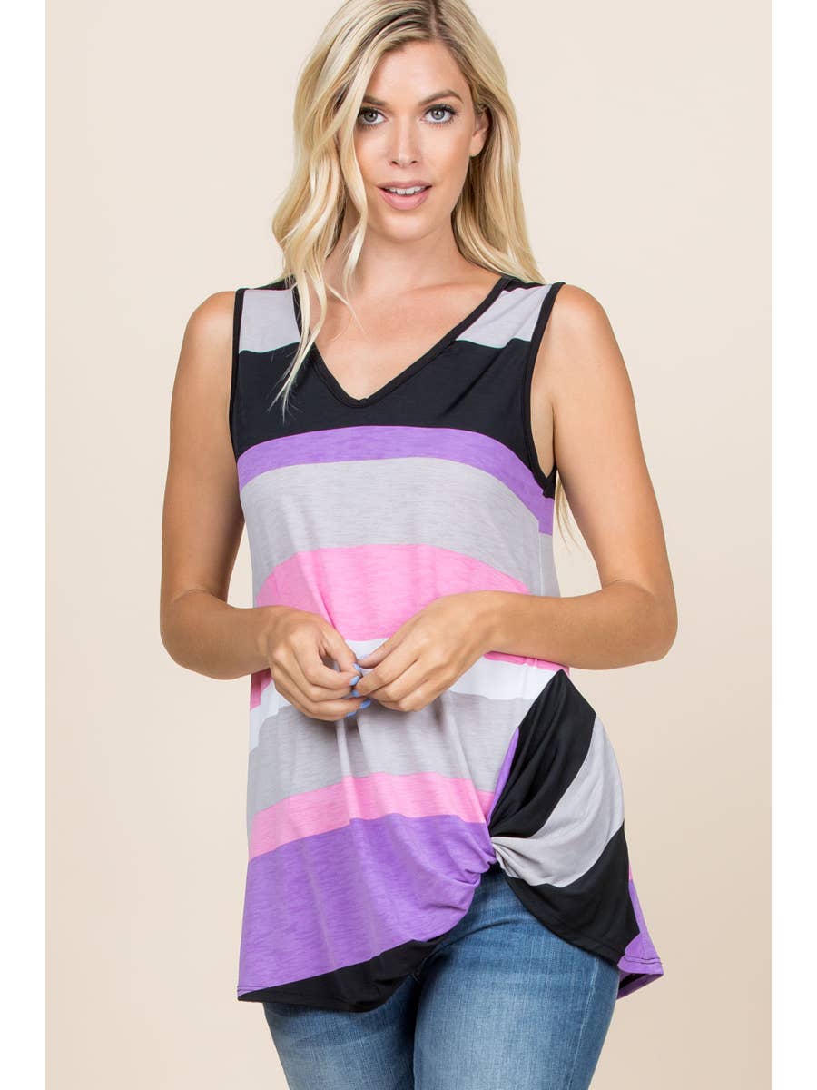 Color Block Side Twist Tunic Tank-Pink/Purple-Size-Small-Large