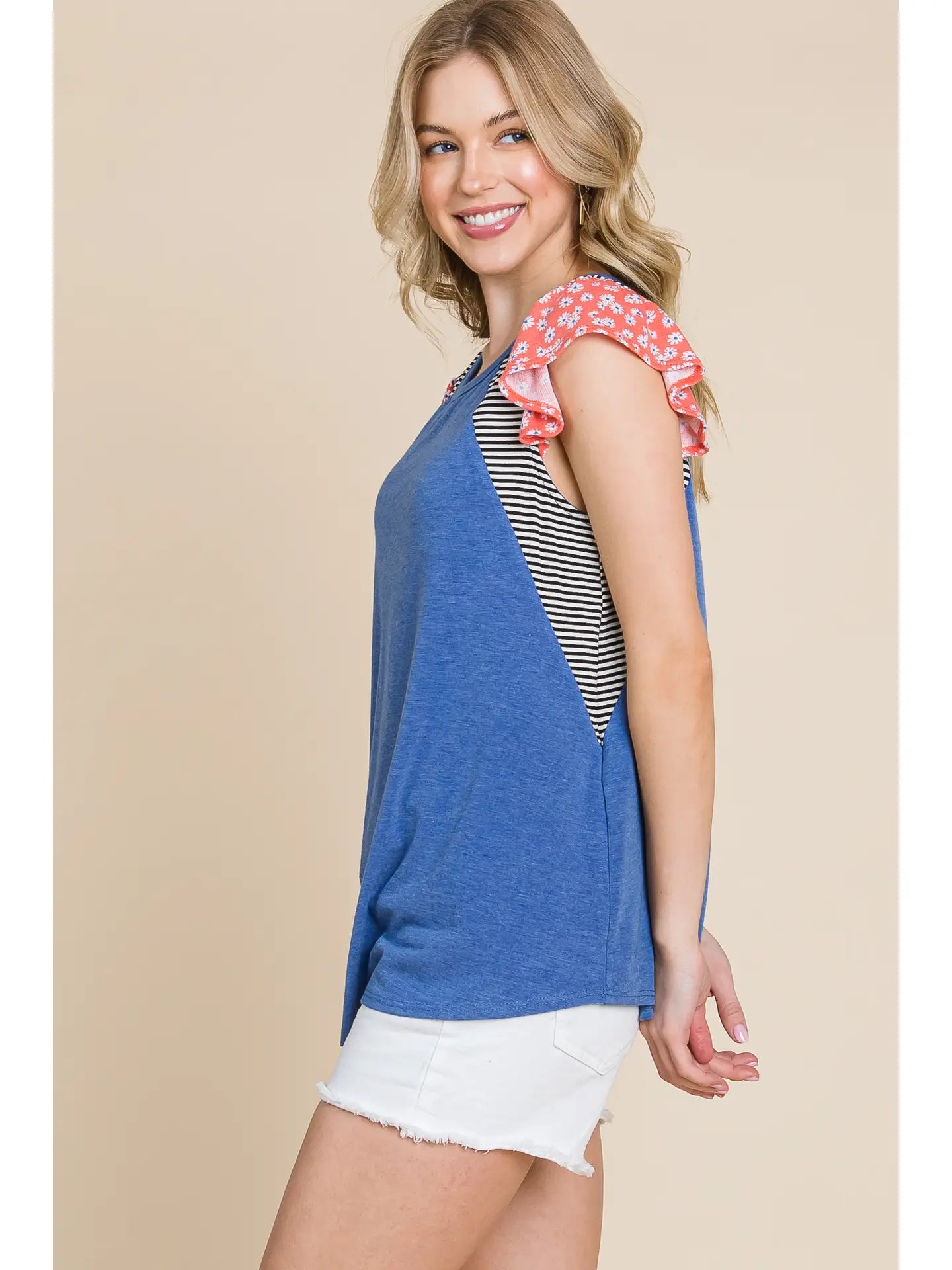 Plus Size Solid Casual Top with Striped Contrast-Royal