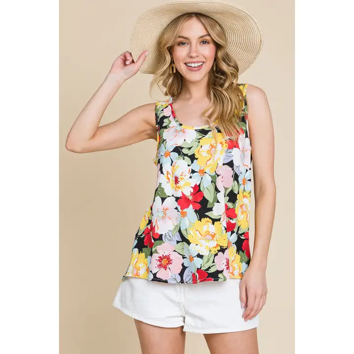 Plus Size Floral Print High-Low Sleeveless Tank-Black/Rose