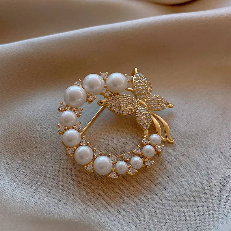 Elegant Faux Pearl Butterfly Wreath Brooch Pin