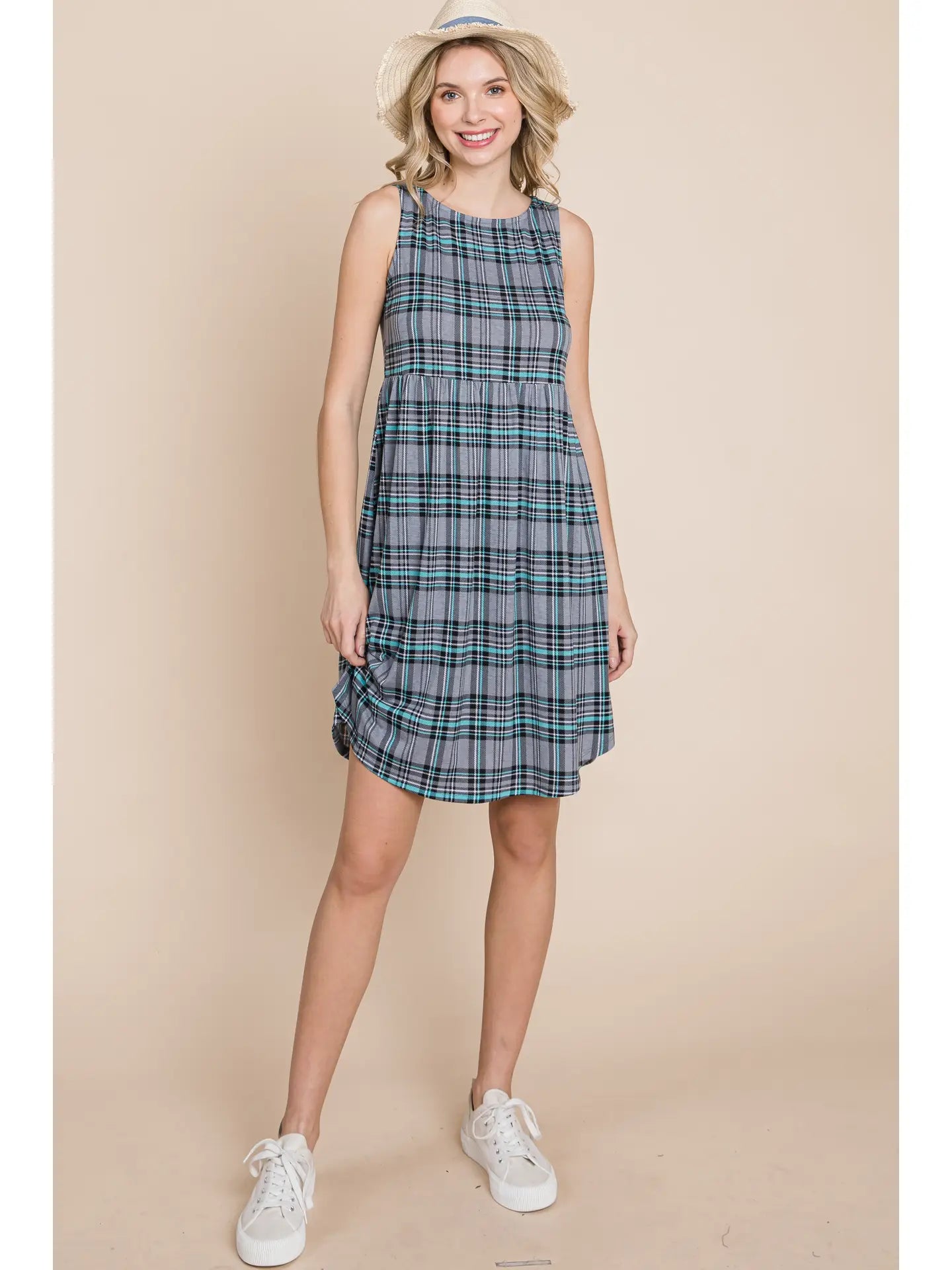 Plaid Sleeveless Babydoll Dress-Grey/Blue -Sizes Small-Large