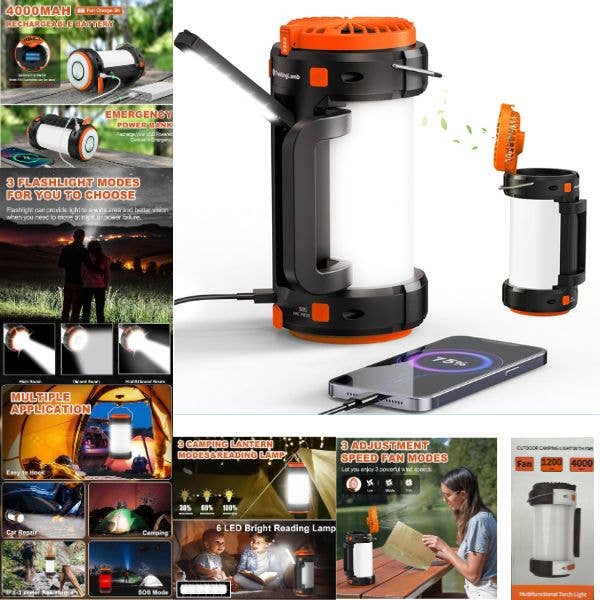 Outdoor Camping 8" Light - Style-- USB Re-Chargeable - Multi-Function Light/Fan Combo