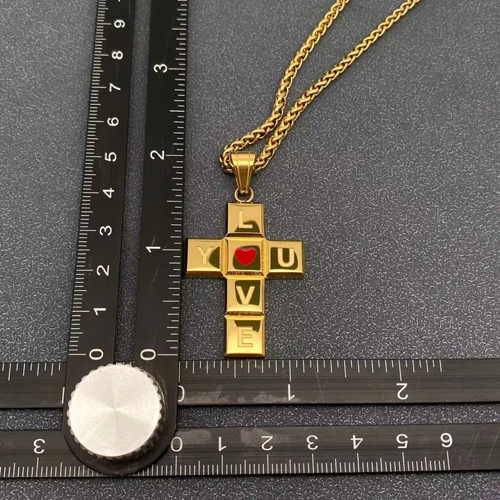 I Love You Heart Stainless Steel Cross Necklace-Gold
