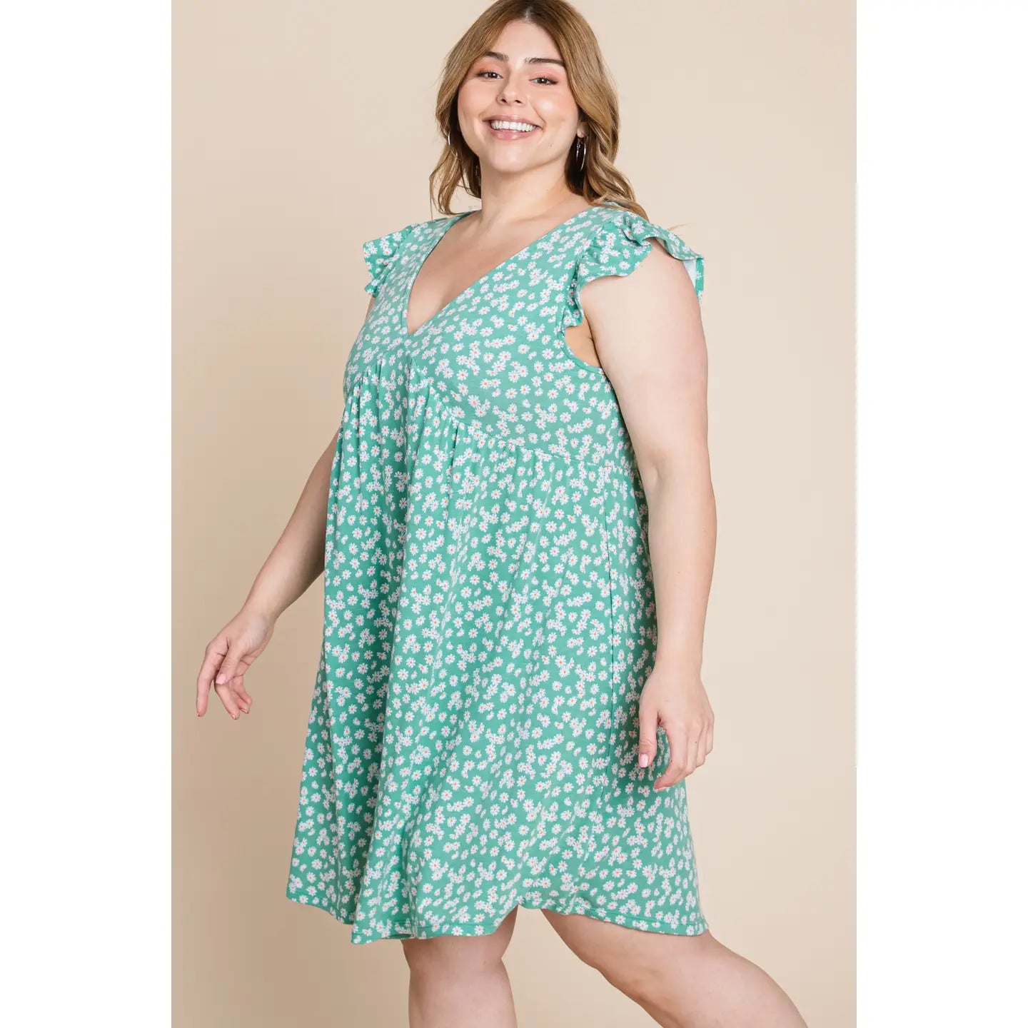 Plus Size Mini Floral Swing Dress-Green
