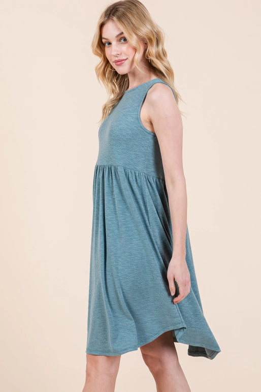 Plus Size Solid Babydoll Sleeveless Knee Dress-Teal