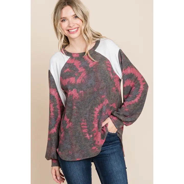 Cashmere Tie Dye Balloon Sleeves Top- Charcoal/Burgundy-Size Small