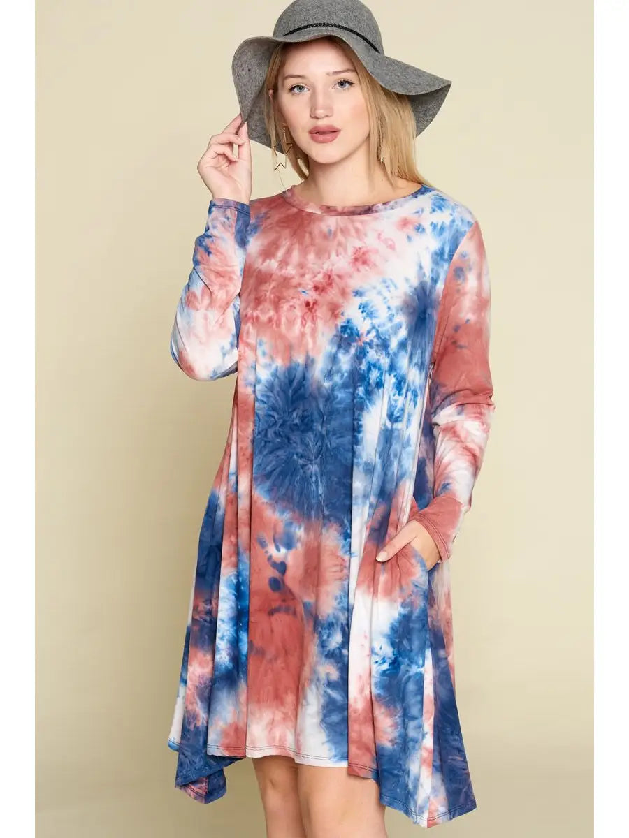 Plus Size Tie Dye Wash Out Fishtail Hem Dress-Blue/Rust