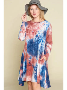 Plus Size Tie Dye Wash Out Fishtail Hem Dress-Blue/Rust