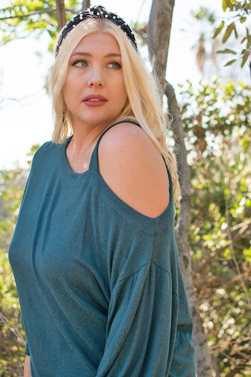 Plus Size Solid Hacci Brush Cold Shoulder Top-Hunter Green
