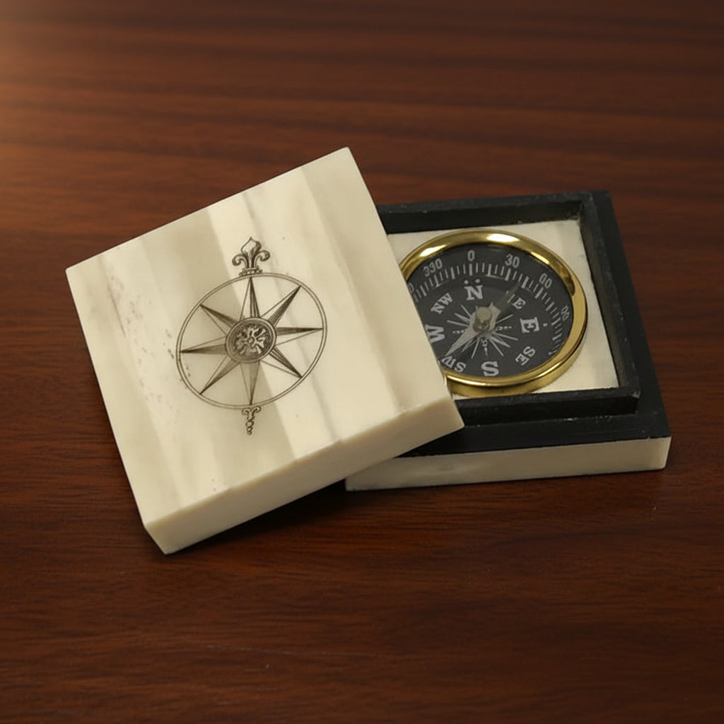 Compass Rose Engraved Scrimshaw Bone Box & Brass Compass – Hooked on ...