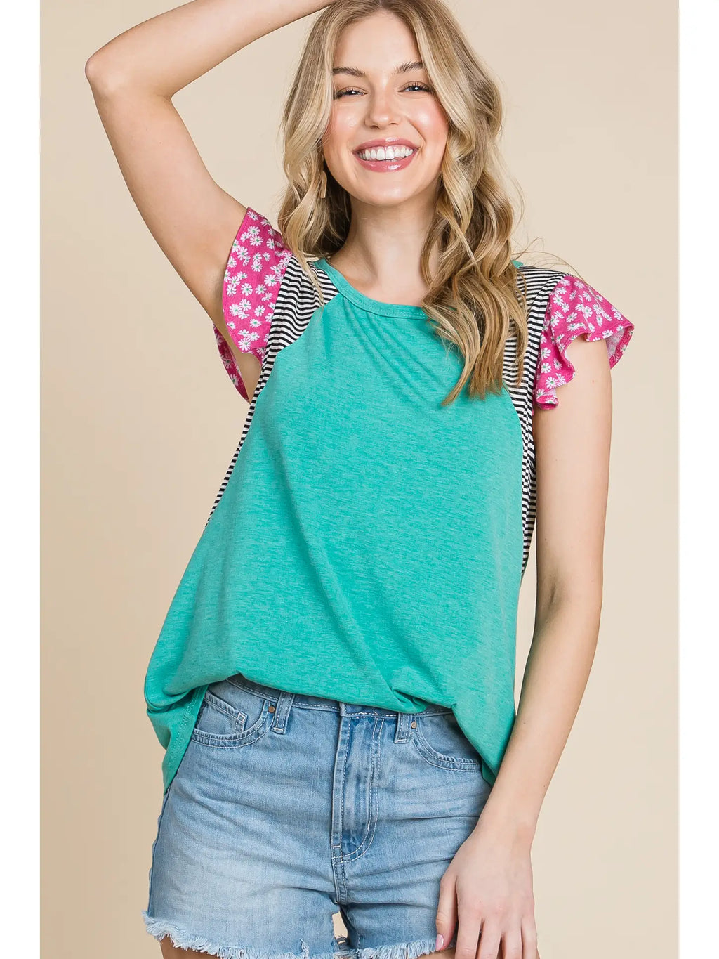 Plus Size Solid Casual Top with Striped Contrast-Green