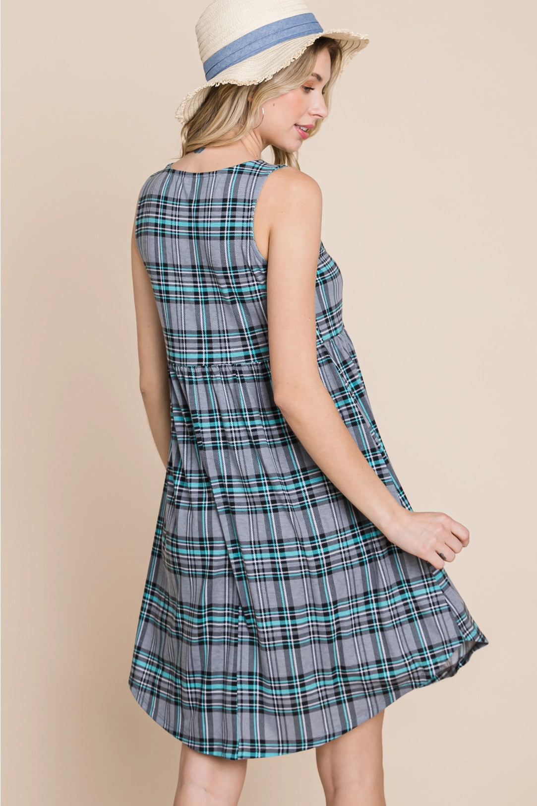 Plaid Sleeveless Babydoll Dress-Grey/Blue -Sizes Small-Large
