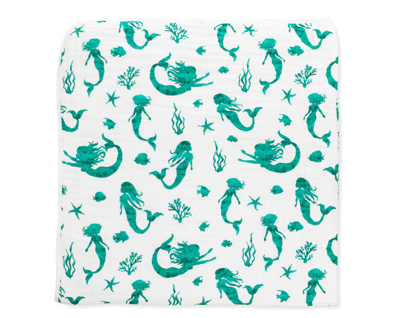 (Mermaid Print) - 100% Organic Muslin Everything Blanket by ADDISON BELLE -47' x 47"