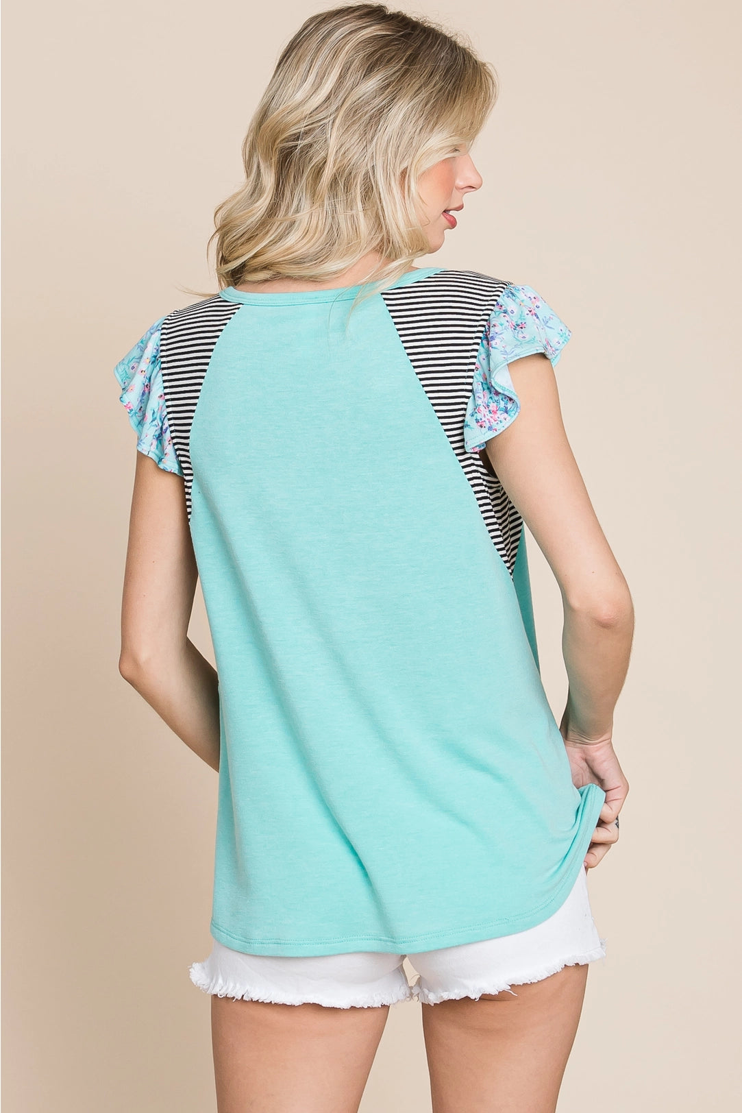 Plus Size Floral and Striped Sleeves Top-Mint
