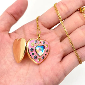 Enamel Pink Heart-Shaped Photo Album Pendant Necklace