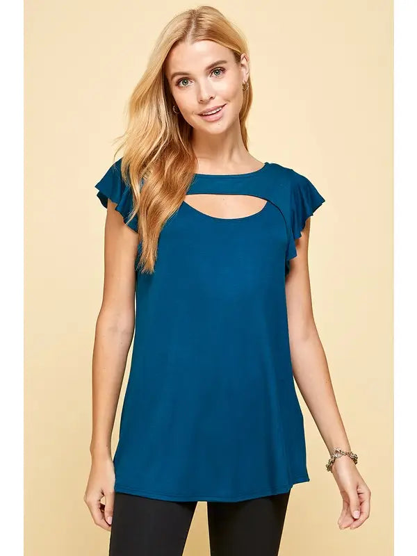 Plus Size Solid Jersey Cut Out Bell Sleeves Top-Teal