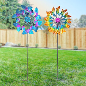 Double Leaf Layered Kinetic Garden Stake Wind Spinner