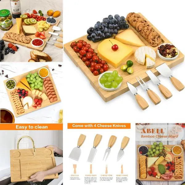 Abell Cookery - #K5254-WhitePretzels - Premium 12"x14" Bamboo Cheese Board With Dip Bowl and Cutlery Set