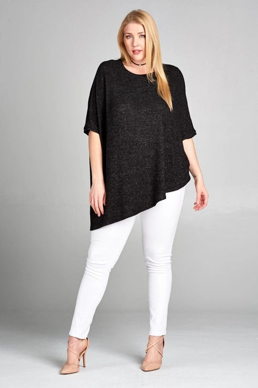 Plus Size Two-Tone Soft Hacci Brush Pullover-Black