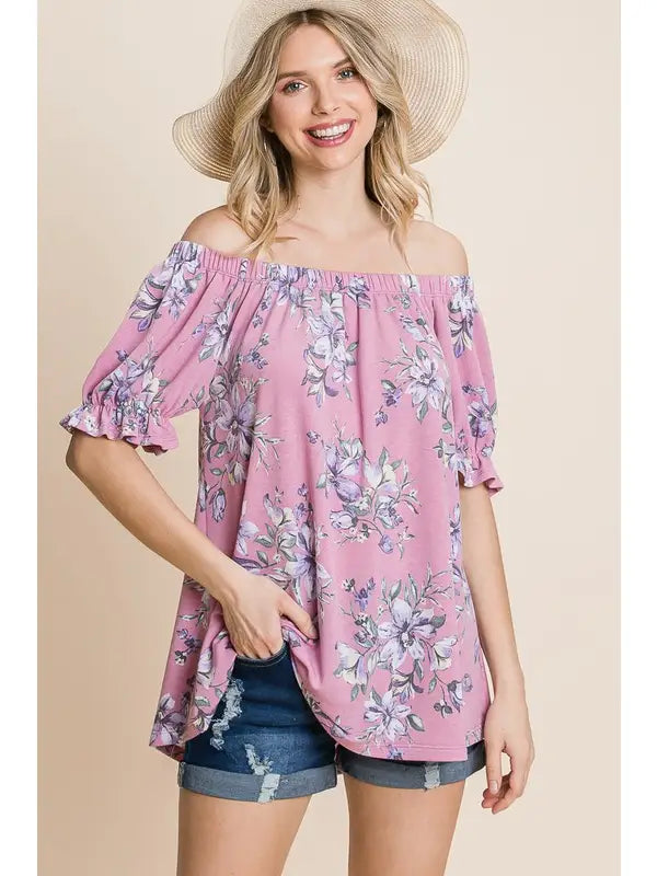 Plus Size Floral Off Shoulder Top-Pink