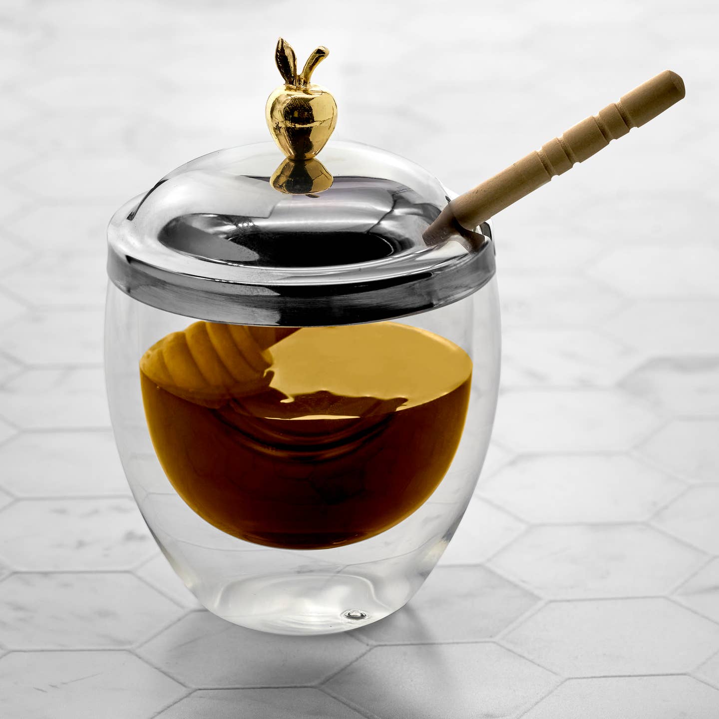 Honey Jar, Honey Dish with Dipper, Double Walled Glass Bee Honey Jar (Apple)
