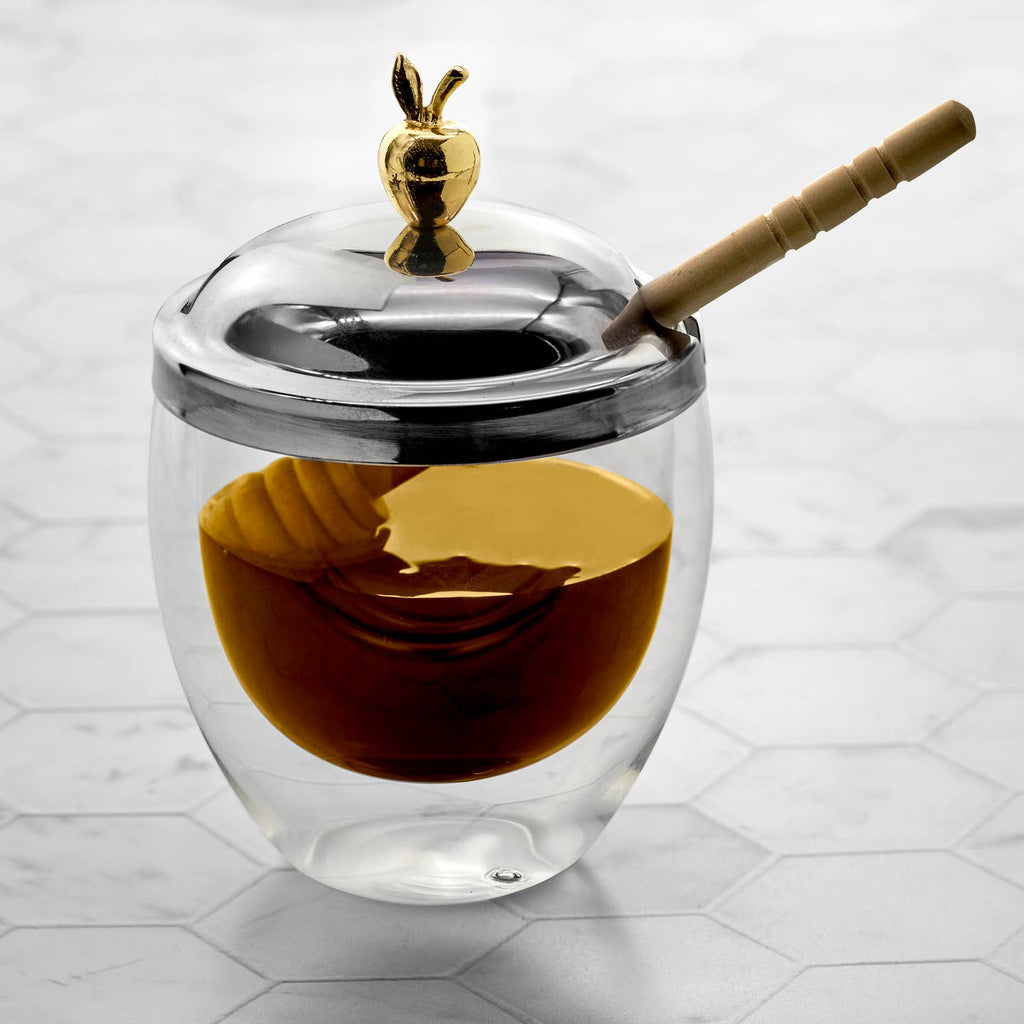 Honey Jar, Honey Dish with Dipper, Double Walled Glass Bee Honey Jar (Apple)