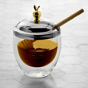 Honey Jar, Honey Dish with Dipper, Double Walled Glass Bee Honey Jar (Apple)